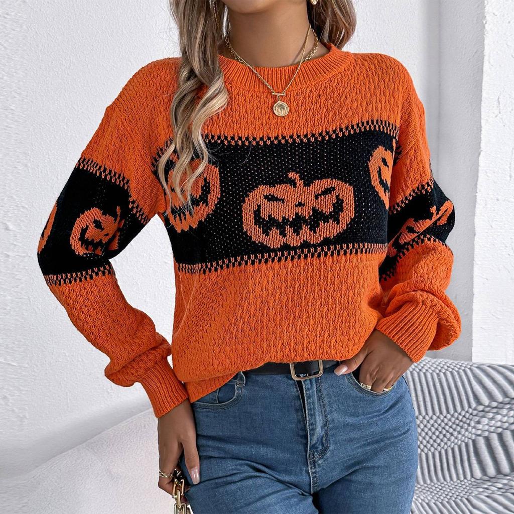 Женская мода повседневный свободный свитер контрастного цвета на Хэллоуин с длинным рукавом пуловер топ