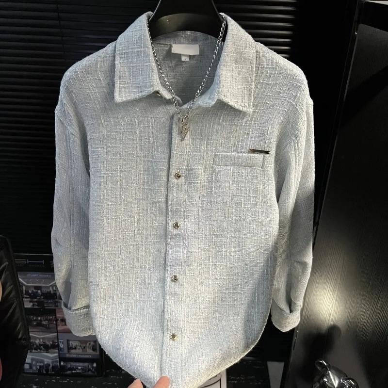 Men's Two Tone Textured Lapel Long Sleeve Button Down Shirt Casual Streetwear Top