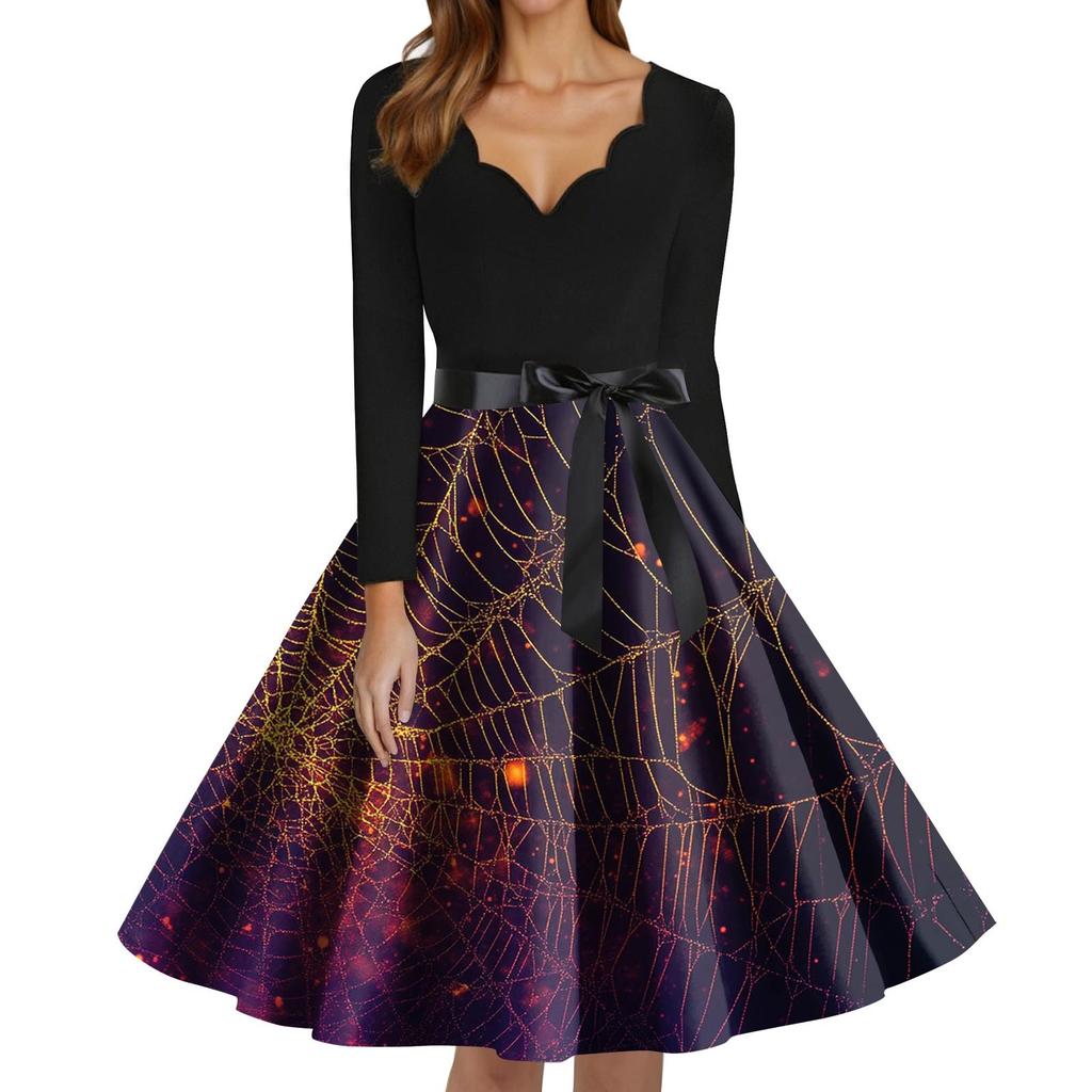 Women's Fashion V-Neck Casual Slim Fit Halloween Printed Long Sleeve Dress