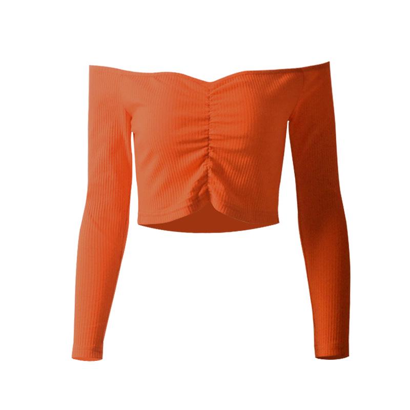 European and American women's clothing bottoming shirt slim-fitting open-navel long-sleeved t-shirt women's design sense one-word shoulder top women's