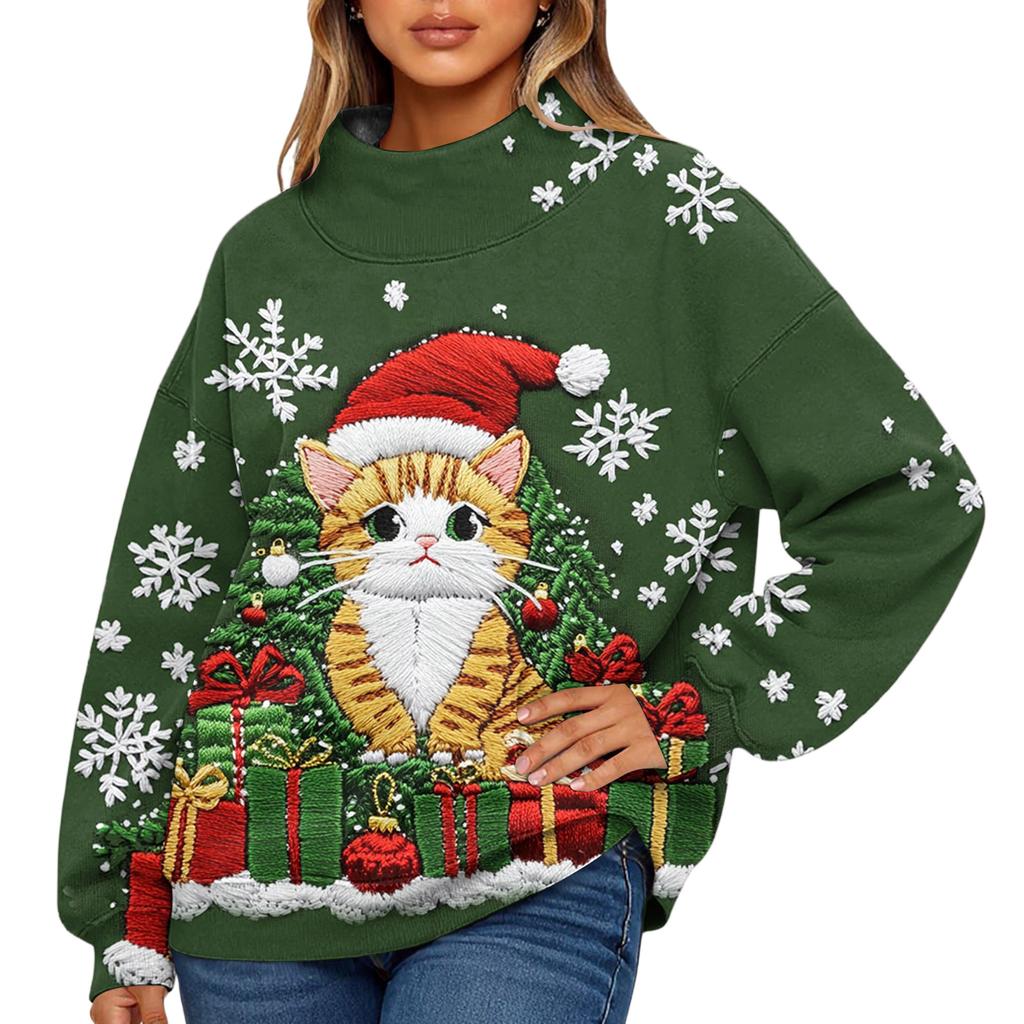 Ladies' Fashionable Christmas Printed Long Sleeved High Neck Sweatshirt Top