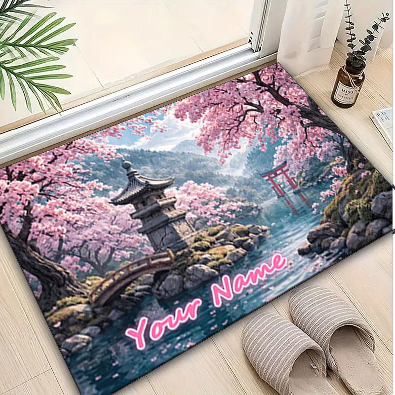 1PC Custom Name Cherry Blossom Serenity Theme Floor Mat Ideal for Living Room, Game Rooms, Office, Bedroom,Floor Mat Playful Design