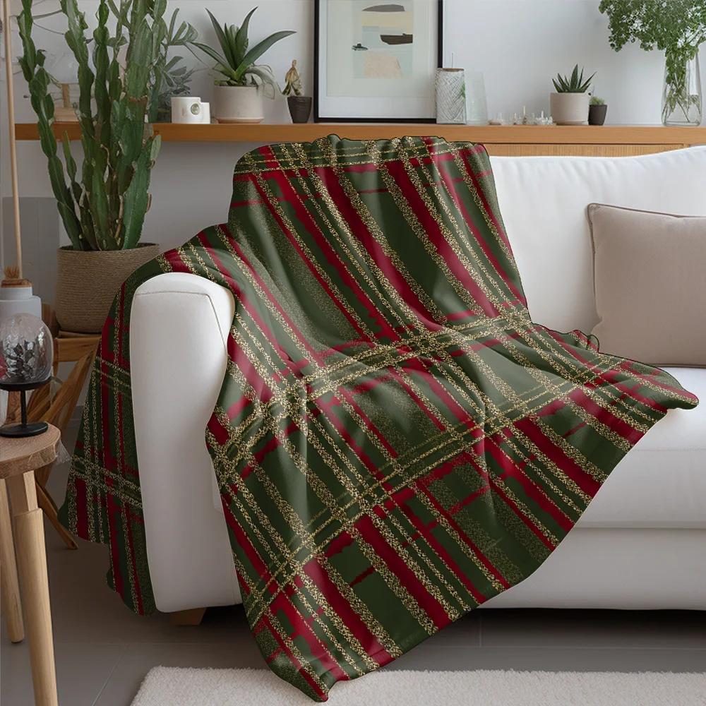 Burgundy Green Plaid Fleece Blanket, Gold Thread Accents in Classic Checkered Pattern, Cozy Reading Nook Throw for Sofa