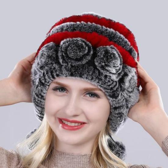 Горячая Распродажа Зимние Женские Шапки с Цветами и Полосками из Натурального Меха Рекса, Теплые Вязаные Шапки из Натурального Меха для Леди, Русские Уличные Меховые Шапки