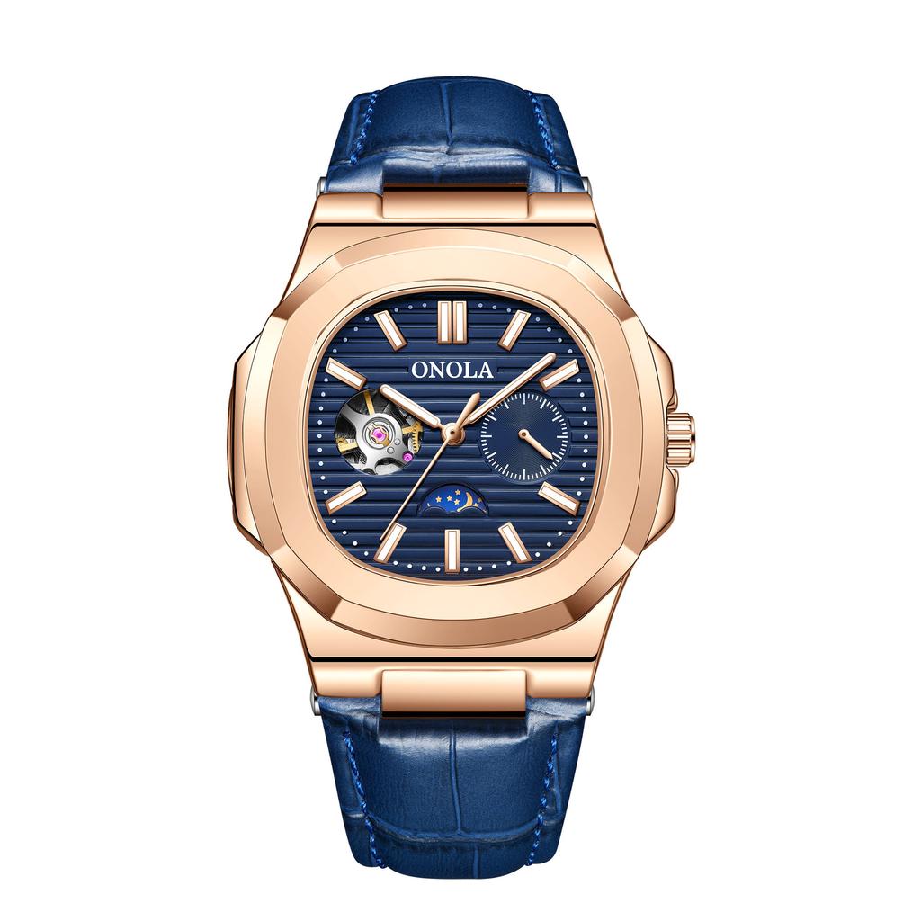 High Quality Sun Moon Star Morning Mechanical Watch Men's Hollow Leather Waterproof Watch