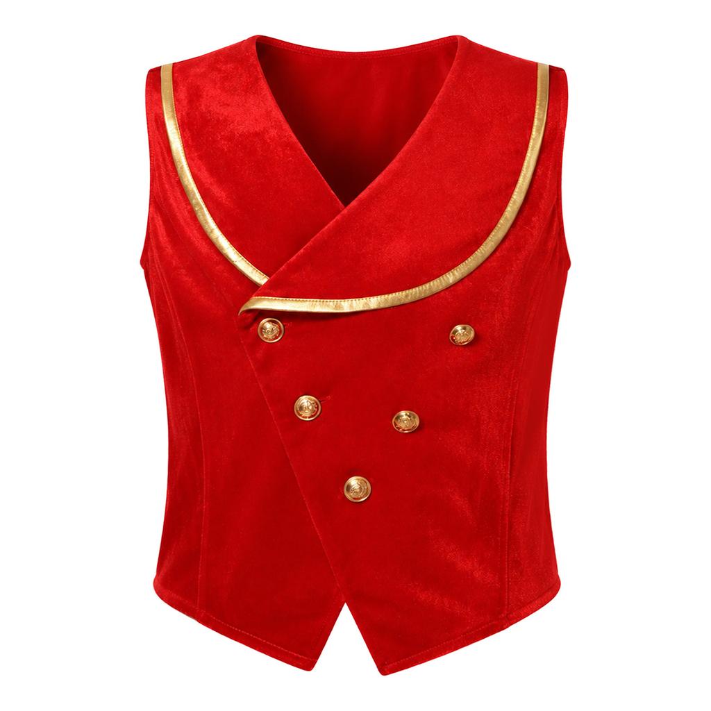 Kids Boys Renaissance Velvet Vest Metallic Trim Lapel Collar Sleeveless Button Irregular Hem for Halloween Theme Party Dress Up