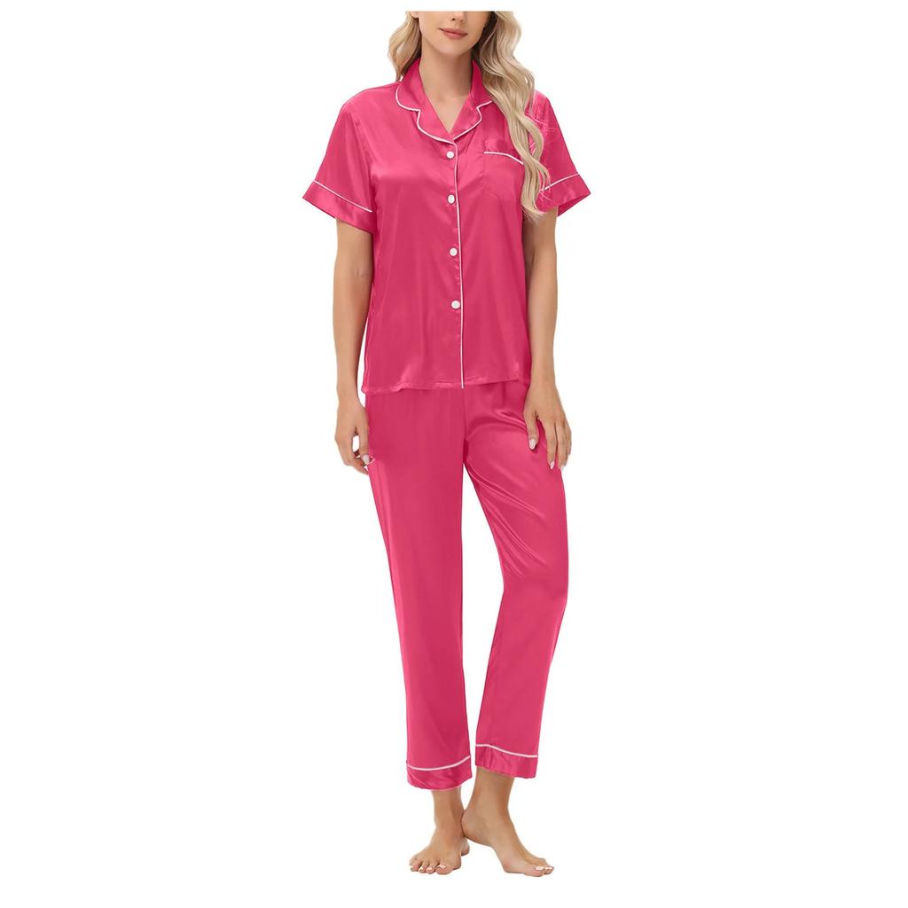 Ice Silk Pajamas Satin Suit Short-sleeved Trousers Plus Size Women's Home Wear