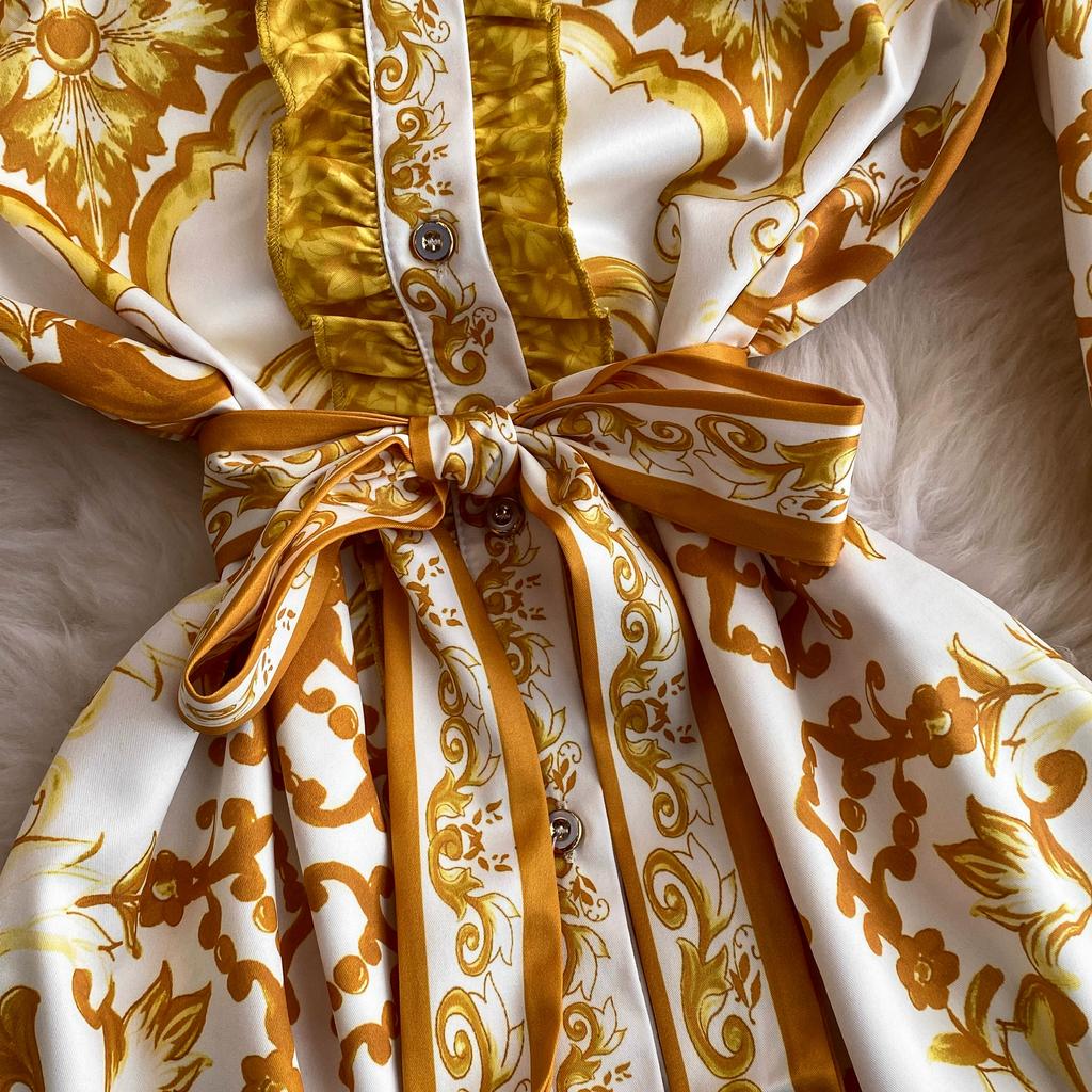 Весна-Осень, желтый, красный, синий и белый фарфоровый халат с принтом, женские вечерние платья с расклешенными рукавами и поясом на шнуровке