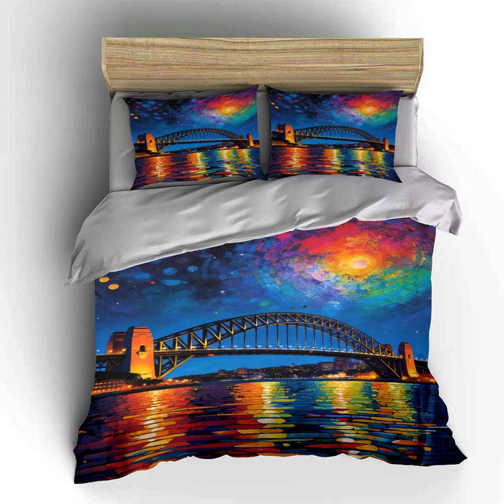 Bridge, colorful sky, reflection. Bedding sets Duvet cover sets Duvet covers Pillowcases(1 * Duvet Cover 2 * Pillowcases without duvet insert)