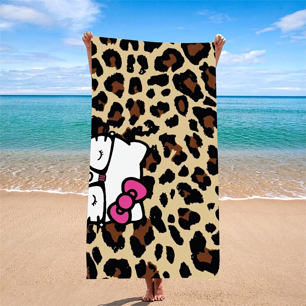1pc Hello Kitty Leopard Beach Towel: Polyester, 2D Print. Gift—Versatile Quick-Dry Towel, For Swimming/Surfing/Camping, Soft Bea