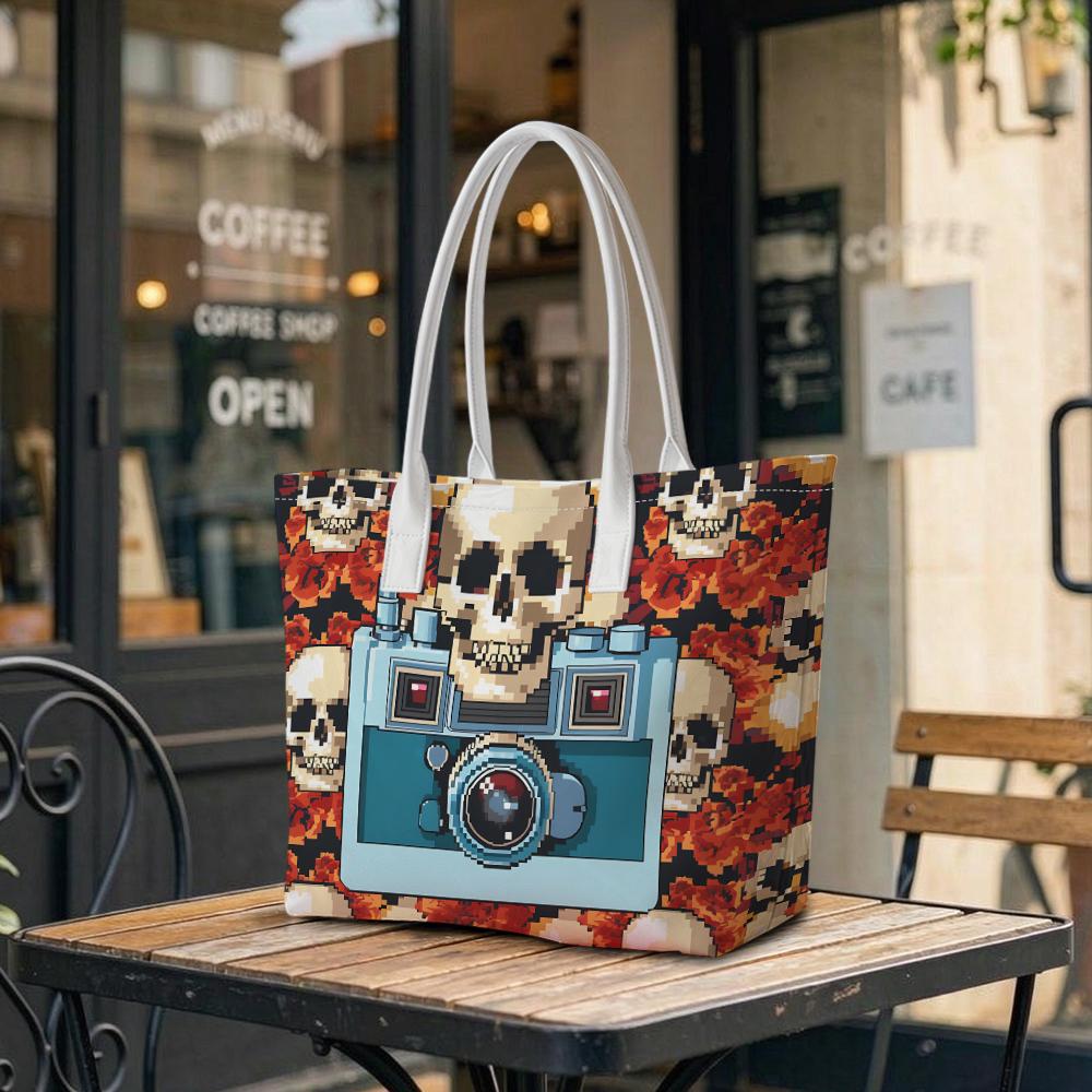 Pixel Skull Camera Print Tote Bag Vintage Gothic Casual Shoulder Handbag
