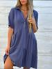 European and American Women's Casual Cotton Linen Short Sleeve Lapel Dress