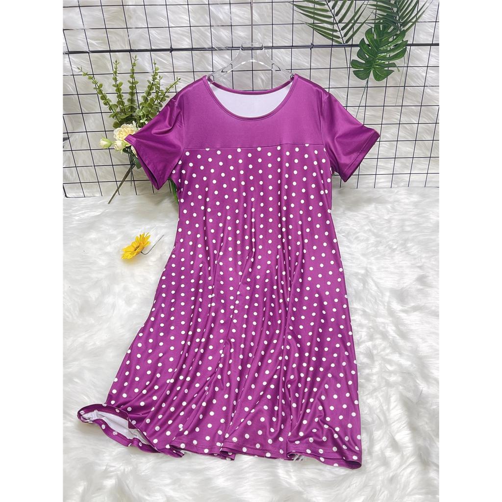 Damska piżama sukienka z krótkim rękawem z okrągłym dekoltem w kropki Wygodna sukienka