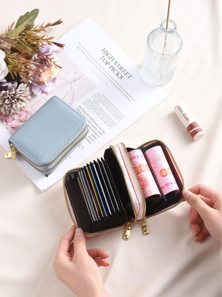 Women's Double Zipper Lychee Grain Card Holder & Coin Purse with Accordion Wallet, Double Layer, Large Capacity, Multi-Card Slot
