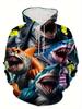 Men's Fashion Printed Long Sleeve Hoodie with Drawstring and Pockets, Streetwear Style with Cool Shark Print, High-Quality Print, Casual and