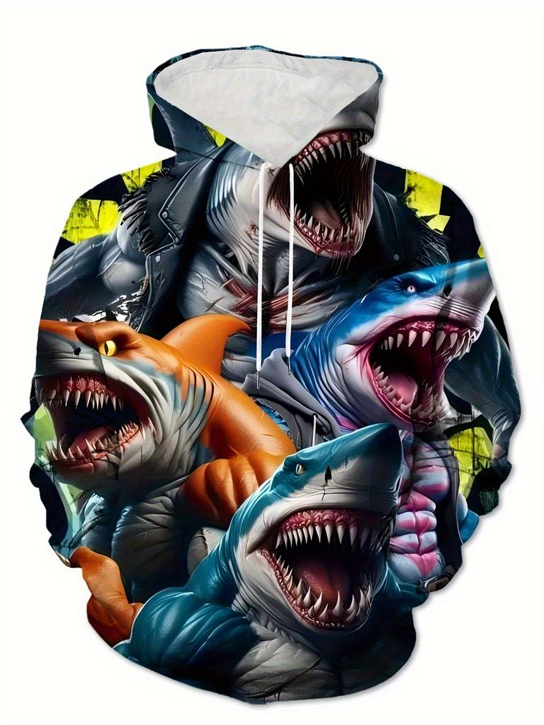 Men's Fashion Printed Long Sleeve Hoodie with Drawstring and Pockets, Streetwear Style with Cool Shark Print, High-Quality Print, Casual and