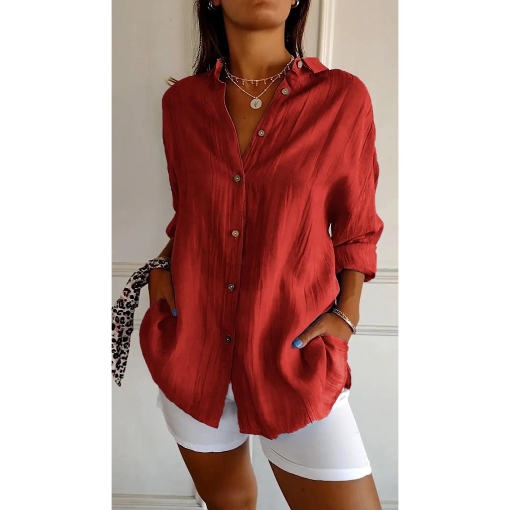 IHUASU Single Breasted Pleated Lapel Shirt Women's Solid Color Pull-up Sleeve Top