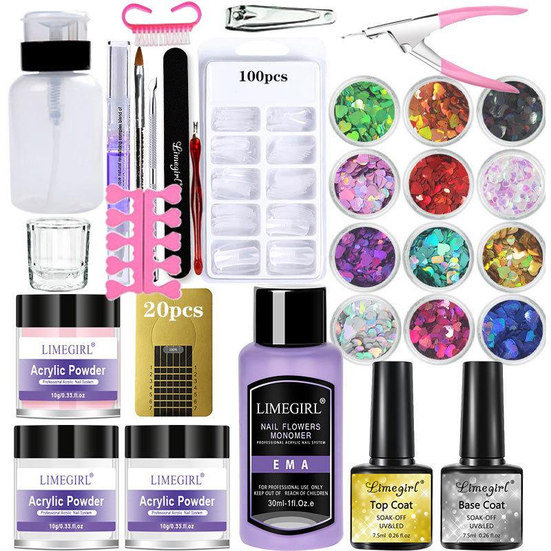 Acrylic Powder Nail Art Kit Full Set 42 Colors Glitter Nail Clipper Tool Home Manicure Set