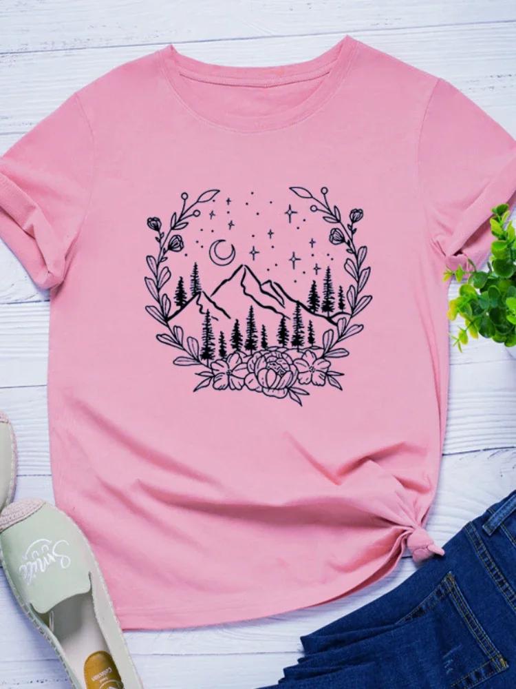 Wreath Moon Mountain Print Женская футболка с коротким рукавом и круглым вырезом Свободная женская футболка Женская футболка Топы Одежда Camisetas Mujer