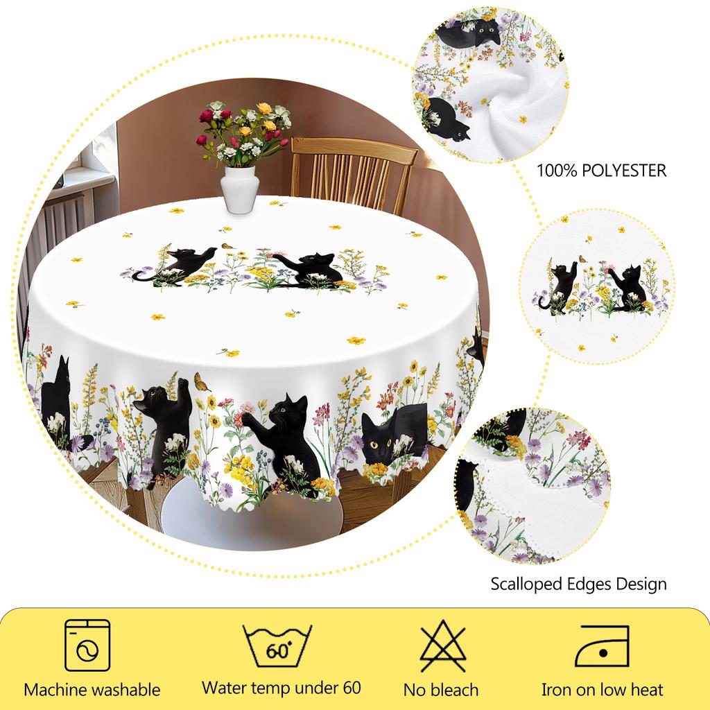 1 Piece Of Kitten Themed Printed Tablecloth, Country Farmhouse Style, Black Kitten, Flower Pattern Design, Multiple Sizes Available, Suitable For Spri