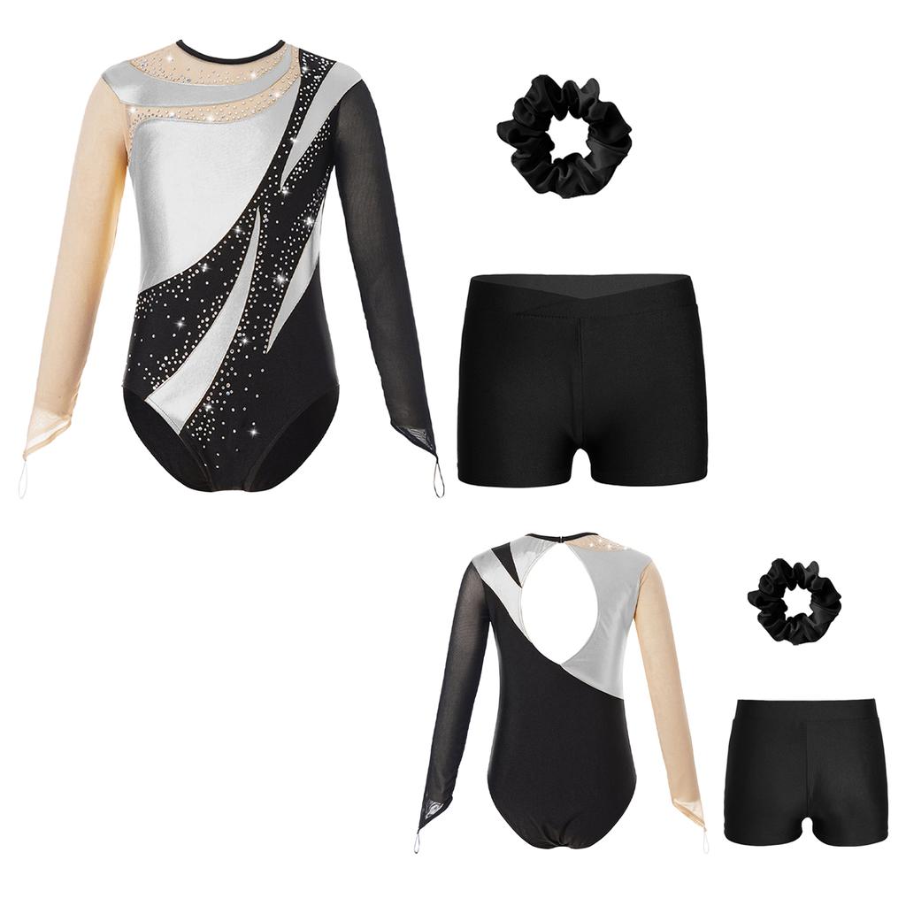 Kids Girls Metallic Long Sleeve Gymnastics Leotard with Shorts Hair Scrunchie Dance Unitard Biketards Dancewear