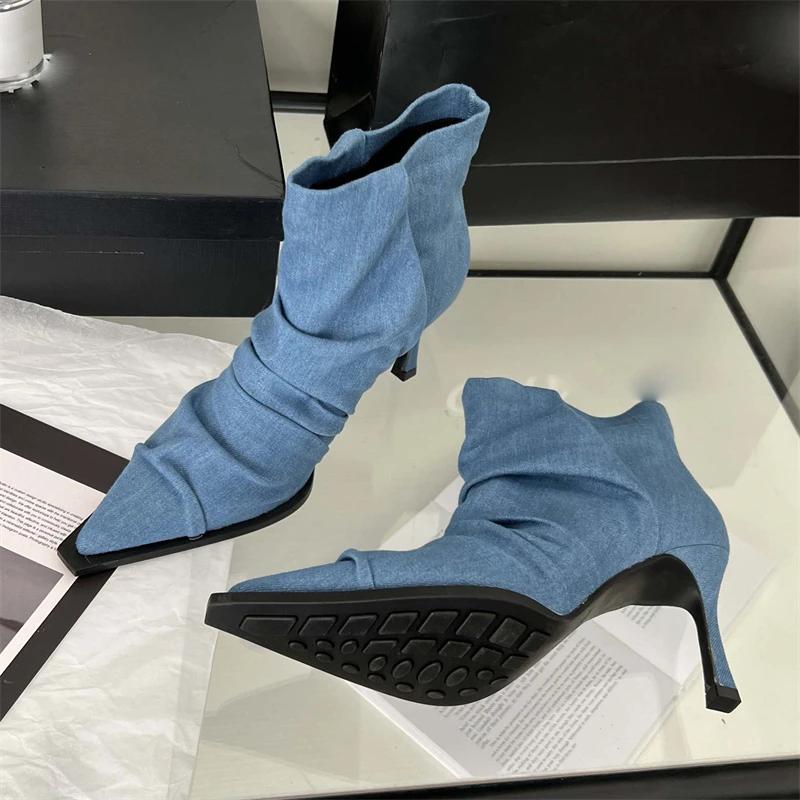 Мода 2024 года, новые джинсовые плиссированные женские ботильоны, женские осенне-зимние сексуальные туфли с острым носком на тонком каблуке, женские туфли на молнии, туфли-лодочки Botas Mujer