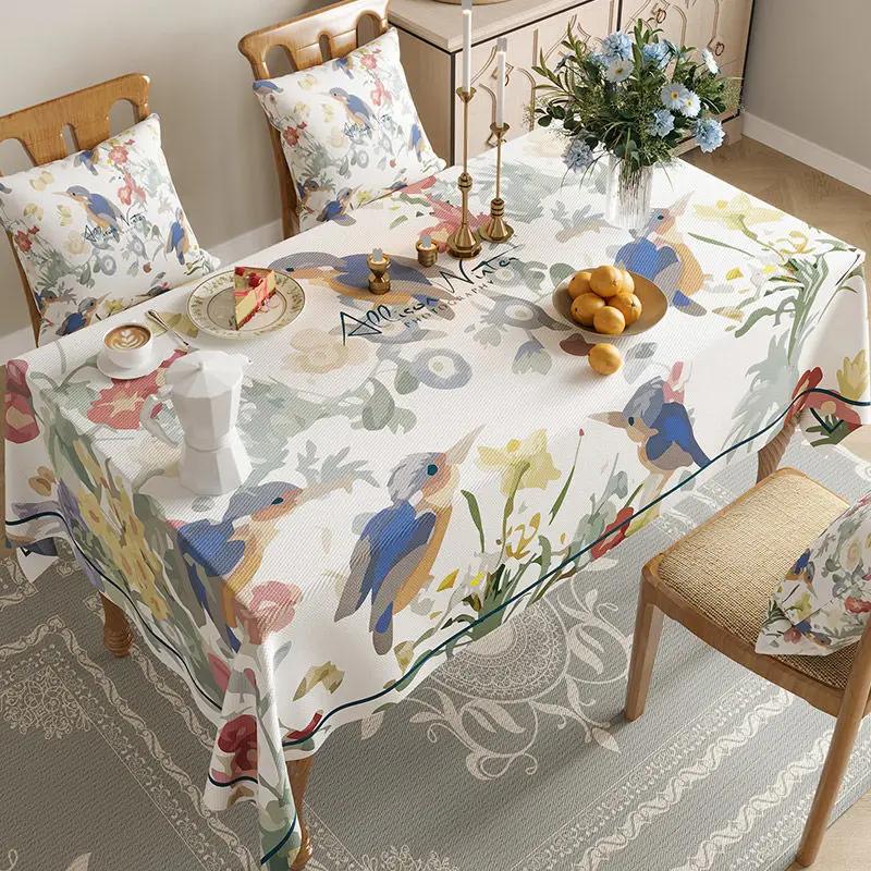 Прямоугольная водонепроницаемая хлопково-льняная скатерть с принтом цветов и птиц, противоскользящая износостойкая домашняя крышка для рабочего стола