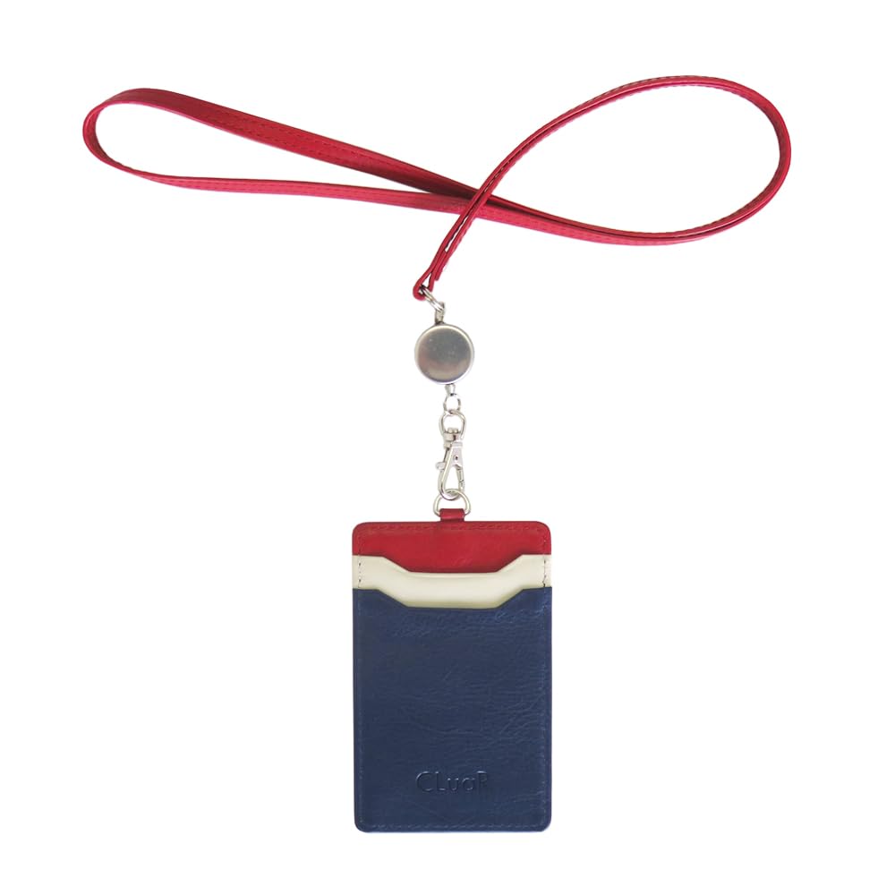 (Seal Al) Vertical ID Card Holder, Employee ID Card Case, Pass Case, Commuter Pass Holder, with Reel, Neck Strap, Replaceable Film, Genuine Leather