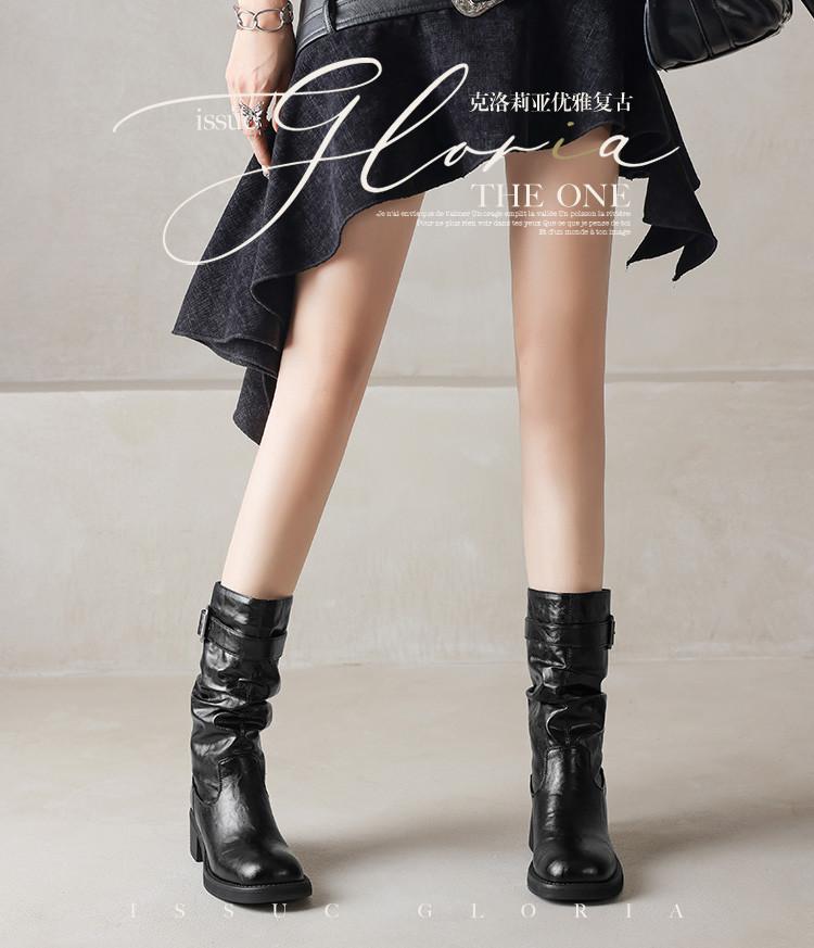 2025 Autumn/Winter Round Toe Thick Heel Pleated Pile Boots