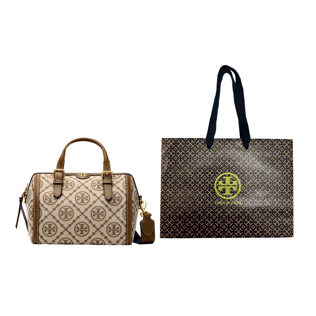 Tory Burch T Monogram Canvas And Leather Boston Bag With Adjustable Shoulder Strap Women handbags Hazelnut-Brown 83970-371