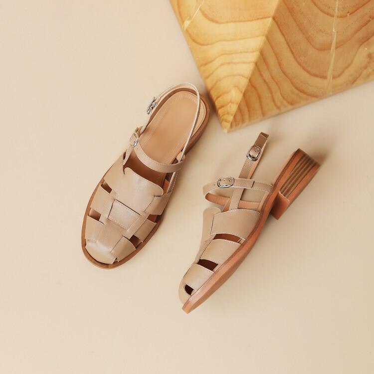 Мода 2025 Летние сандалии Кожа Круглый носок Женские сандалии Массивный каблук Женская обувь Закрытый носок Обувь для женщин С перфорацией Римские сандалии