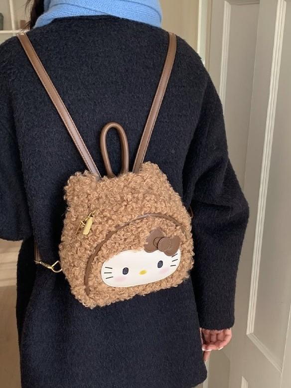 Hello Kitty Vintage Leopard Print Plush Backpack With Pockets For Daily Use