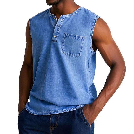 Men Tops Sleeveless Round Neck Buttons Half Placket Solid Color Camisole