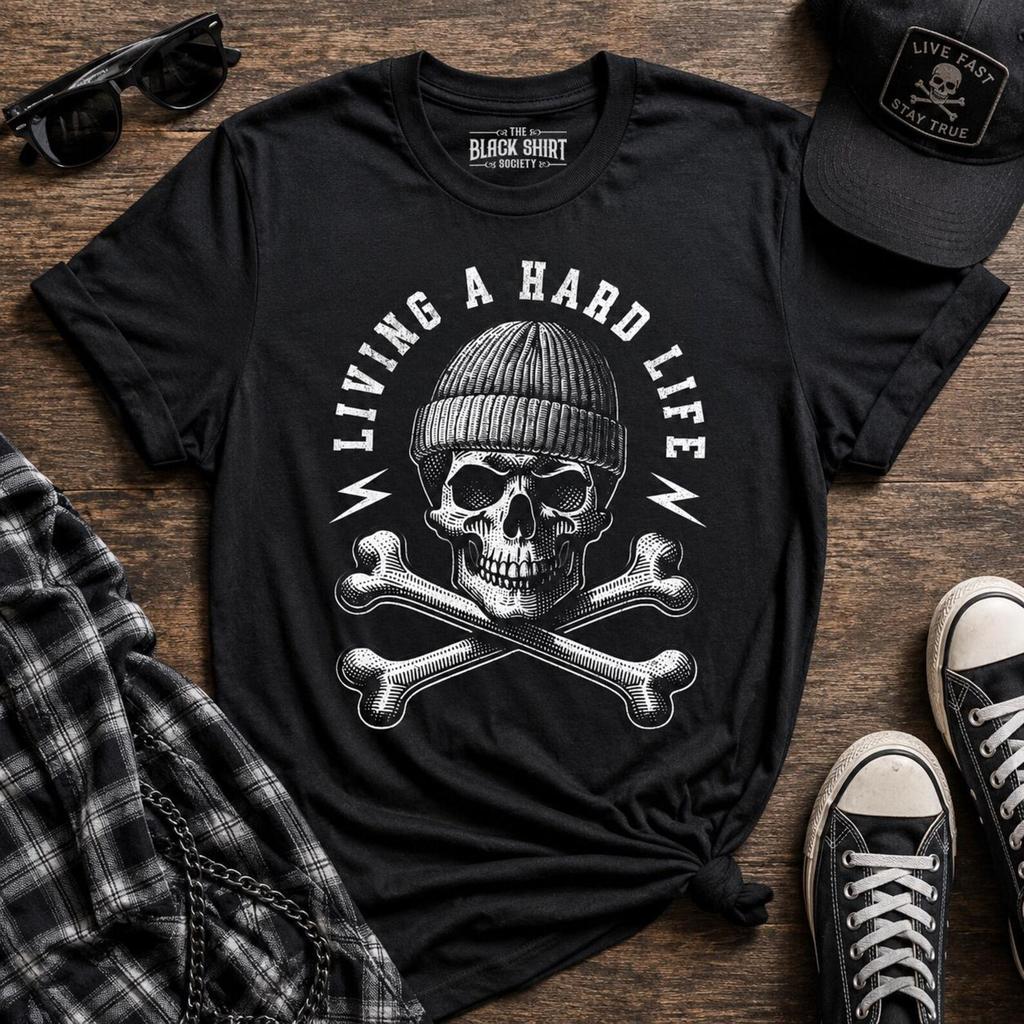 Living A Hard Life – Skull Beanie T-Shirt | Gothic Streetwear Punk Tee