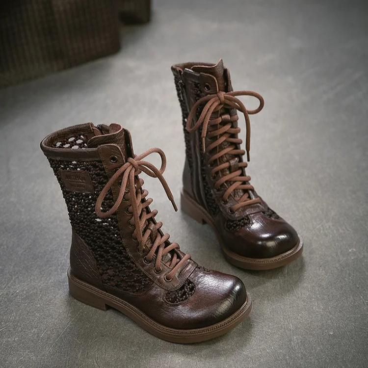 Johnature Ретро Дышащие Летние Ботильоны с Перфорацией из Натуральной Кожи Универсальная Модная Женская Обувь