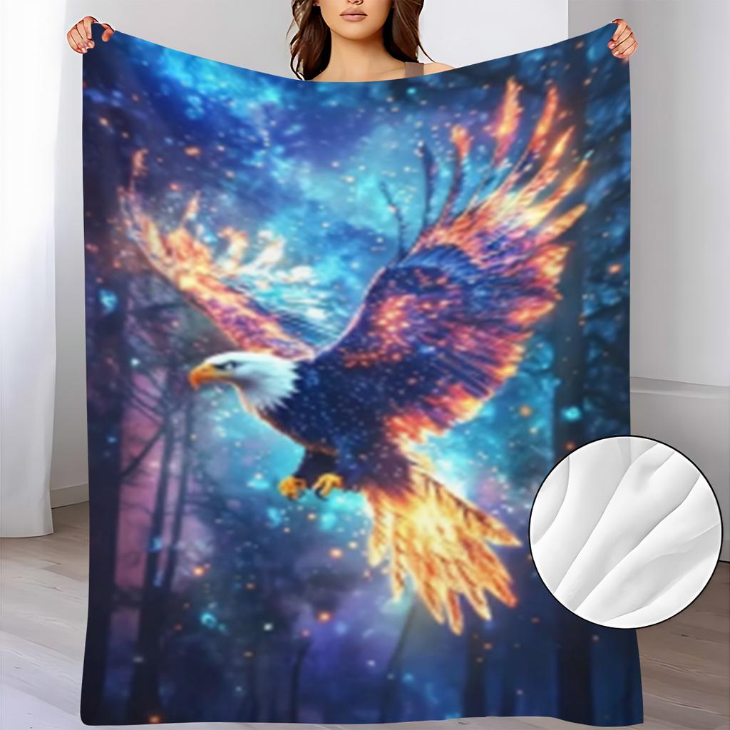 Luxury Eagle in Flight Night Forest Glowing Lights Fleece Blanket - Soft Plush All-Season Bedspread, Blue & Golden Eagle Print for Couch, Bed, Travel