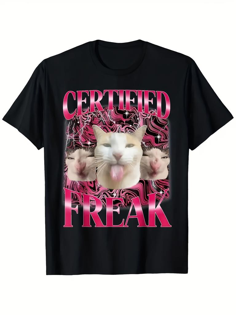 Men's Clothing, Funny and Humorous, Kitten Emoji Print, Breathable and Comfortable Short-sleeved, Street Hip-hop Short-sleeved