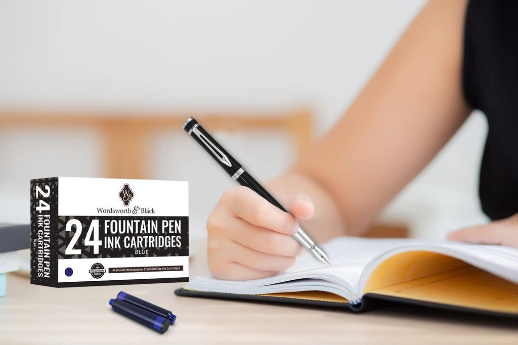 Набор из 24 стержней для перьевых ручек Wordsworth Black, набор из 24 синих чернильных картриджей, международный стандартный размер, длина, прибл. - - - 1,5