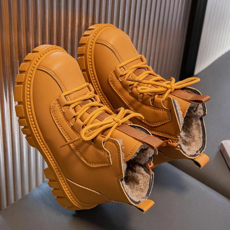 Модные новые детские модные короткие ботинки осенние нескользящие ботинки для мальчиков и девочек британская платформа шнуровка однотонные детские повседневные туфли