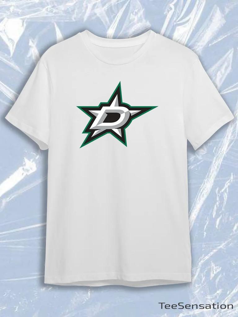 TeeSensation White Crew Neck Short Sleeve T-Shirt with Dallas Stars Green Star D Logo