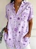 Women's Short Sleeve Watercolor Blue Floral Print Button Down Casual Shirt Elegant Daily Blouse Tops in Beige for Spring Summer