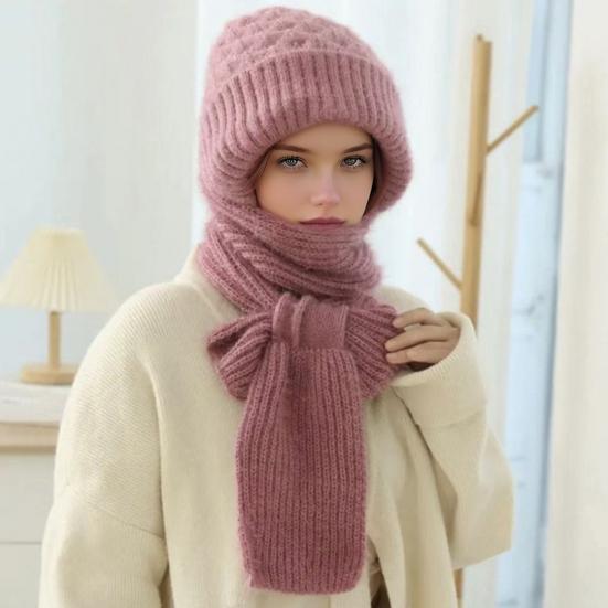 Winter Knit Hat with Integrated Scarf Solid Color Thickened Velvet Women Hat Long Scarf Set Cold Weather Headwear