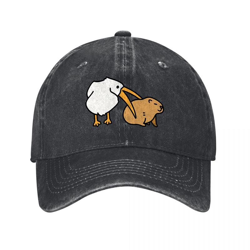 Washed Cotton Baseball Cap with Humorous Pelican and Beaver Design Unisex Adjustable Hat for Outdoor Activities and Casual Wear
