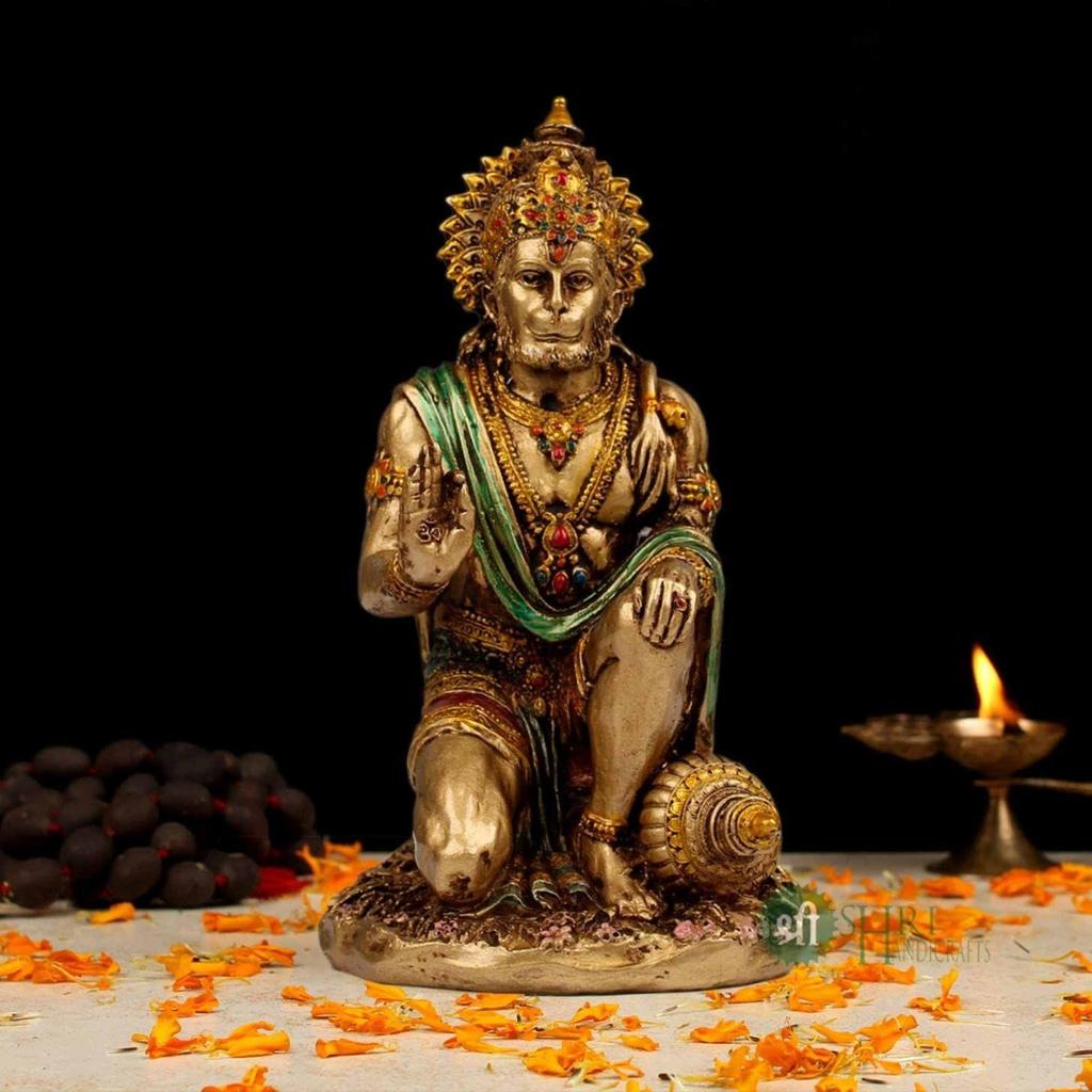 7" Hanuman Statue Sitting Metal Finish Idol Decorative Showpiece Handcrafted Hanuman Ji Murti for Home Office and Gifting Purpose Sculpture,