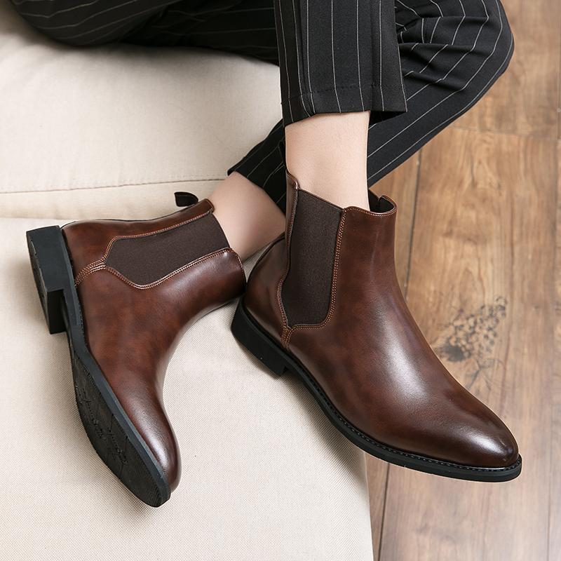 Chelsea Boots for Men Handmade Mens Boots Sole Ankle Business Round Pu Cowboy Slip-On Mens Boots Size 38-48 Men Shoes