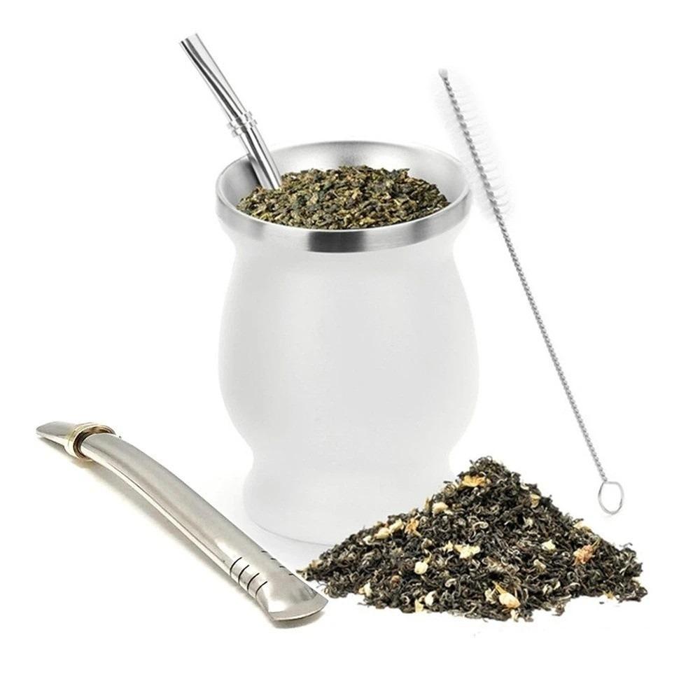 Double Wall Tea Cup Set Stainless Steel Straw Cup Practical Insulated Cup Tea Drinking