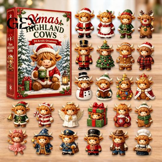24 Day Surprising Box Christmas Highland Cow Advent Calendar, Cute 3D Collectible Mini Festive Countdown Party Favors Figures, Farmhouse Holiday