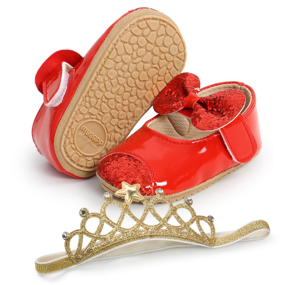 Обувь для маленьких девочек + повязка для волос для малышей, модные нескользящие туфли принцессы для крещения с блестками и бантом из искусственной кожи