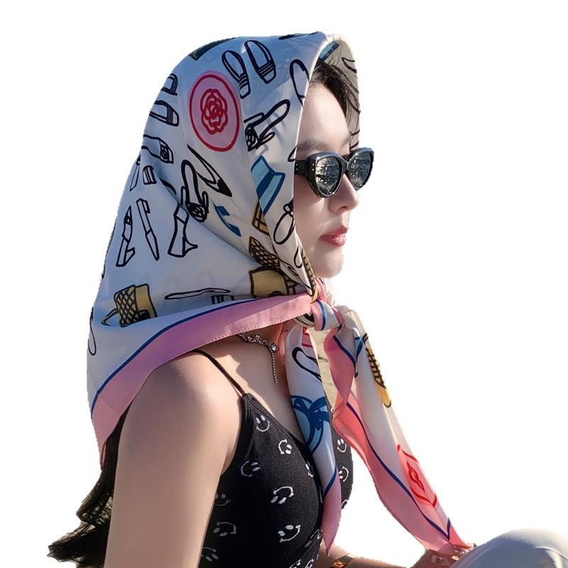 Nordic simple silk scarf long female French retro black and white striped large square scarf tied hair ins headscarf headband shawl