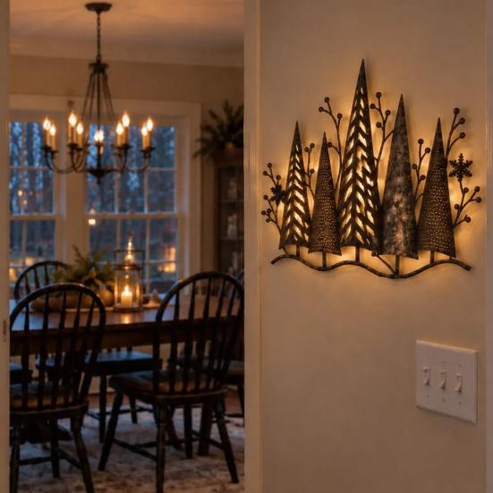 Vintage Metal Wall Ornaments Lighted Woodland Decor, Rustic Pine Forest Tree Cozy Lodge Interior Decor Sculpture with LED Lights for Farmhouse